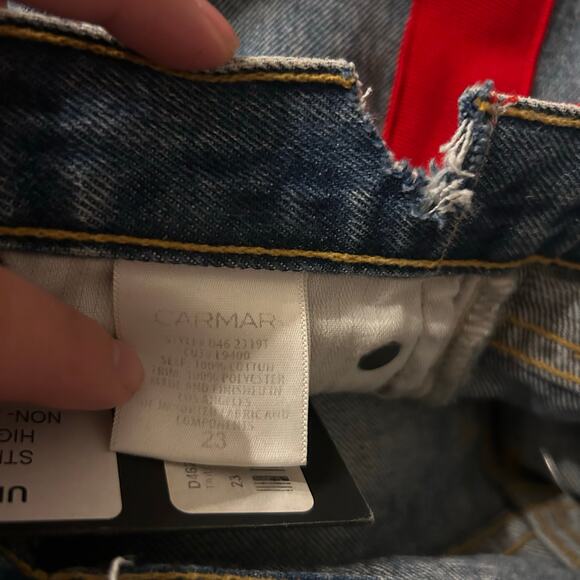 Carmen Straight Thrashed Distressed High Rise Red Tuxedo Stripe Denim Blue Jeans - Picture 10 of 10